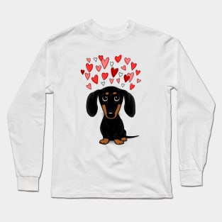 Cute Wiener Dog | Black and Tan Dachshund with Valentine Hearts Long Sleeve T-Shirt